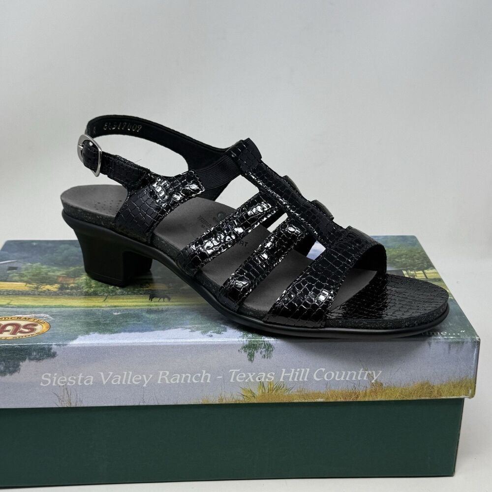 SAS Allegro Sandals Womens 10 N Narrow Black Leather Croc Print Pump Strappy